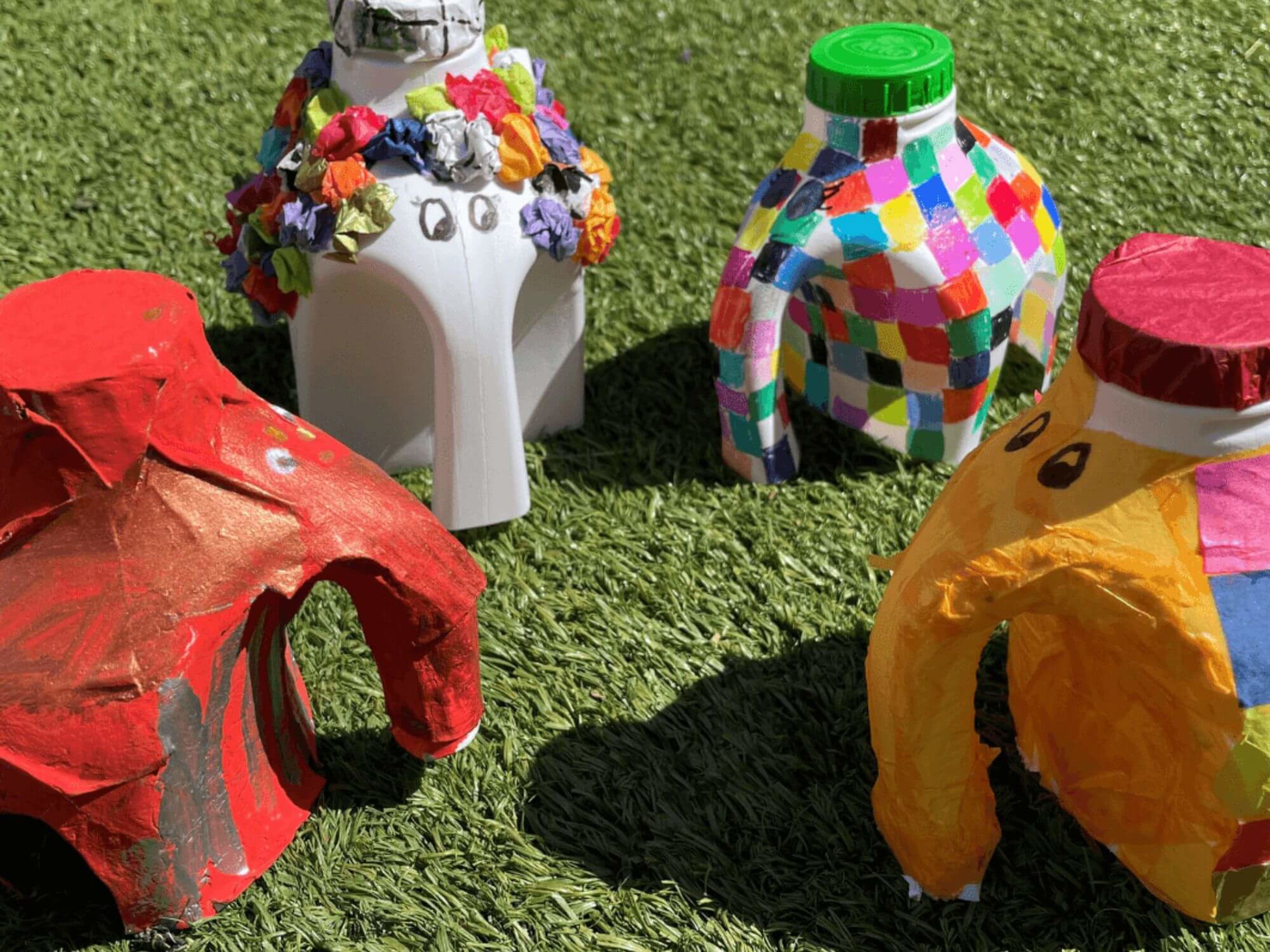 Children's artwork of Elmer made from milk cartons
